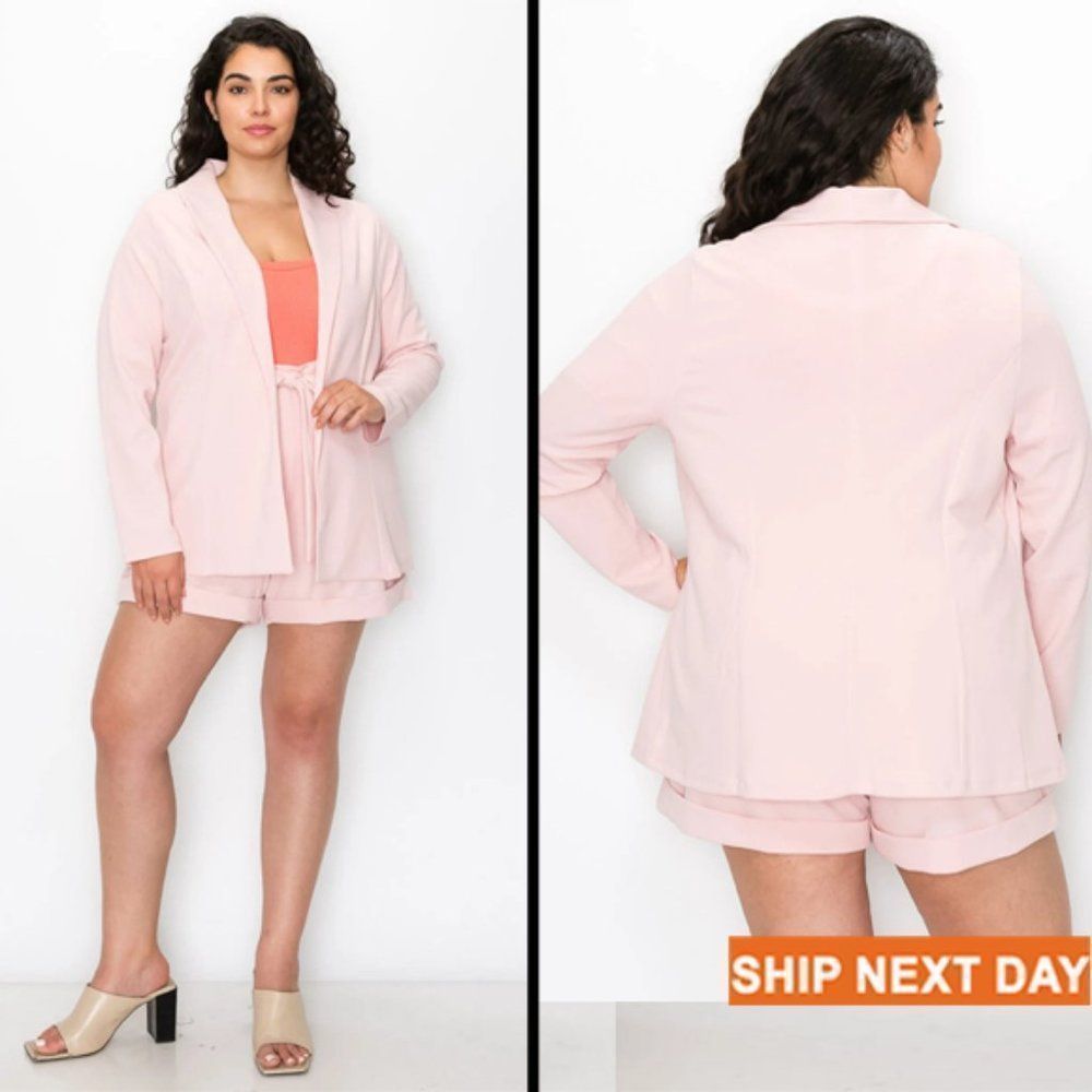 Open Front Long Sleeve Top & Belted Shorts Set - Plus Size Set - Blazer Set